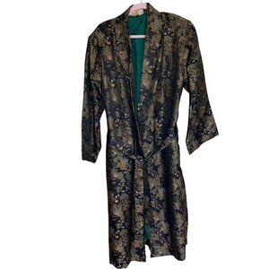 Ancient Dragon Vintage Womens Robe Size Large Black Brocade Belt Pure Silk